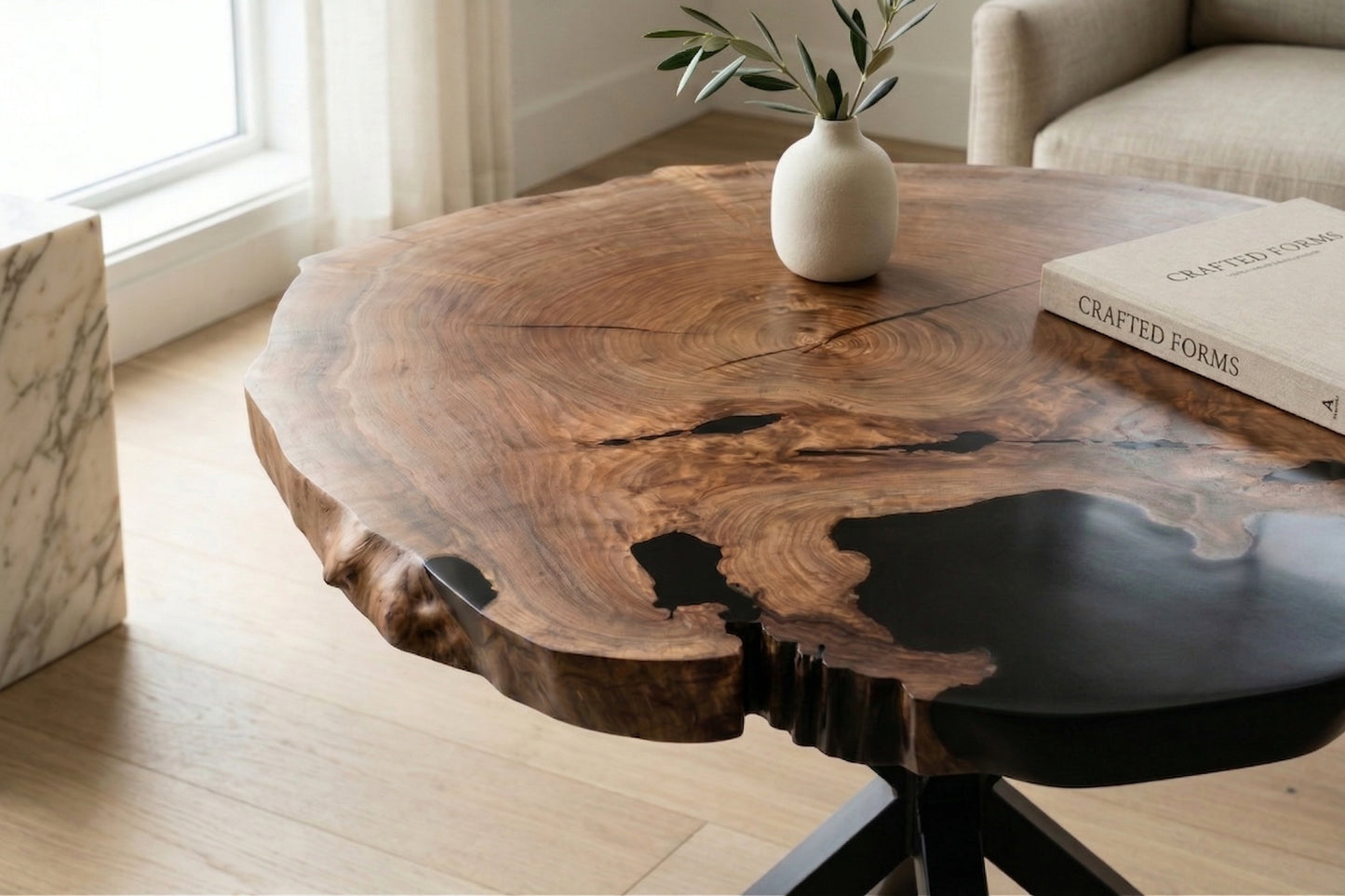 Round Walnut Epoxy Table – Live Edge Black Epoxy (California Walnut)